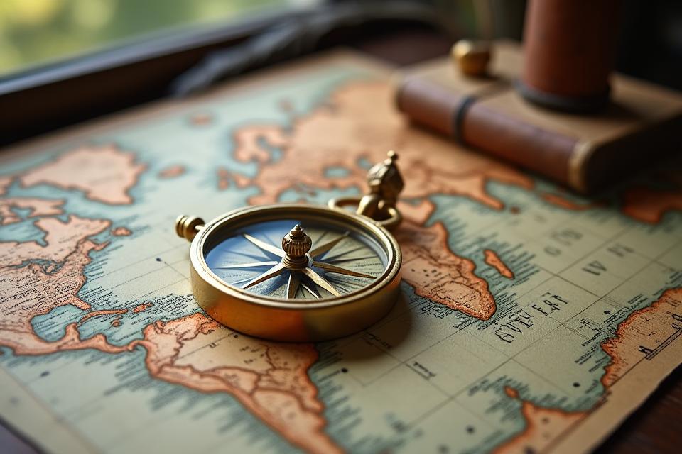Compass and old-world map, symbolizing the philosophy of exploration and discovery with Arcane Voyages