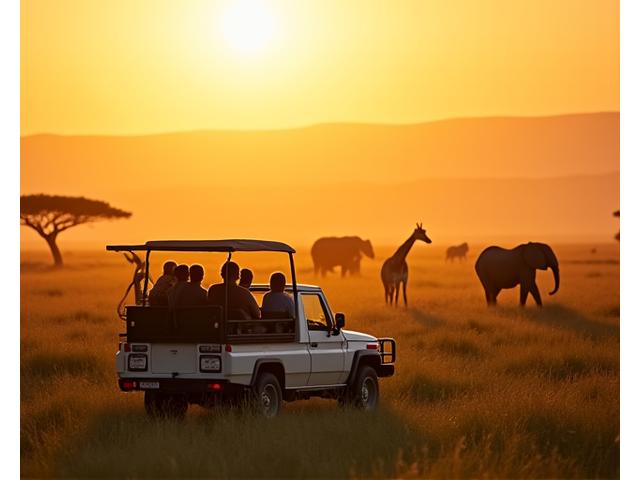 Groupe de voyageurs en safari dans le Serengeti au lever du soleil